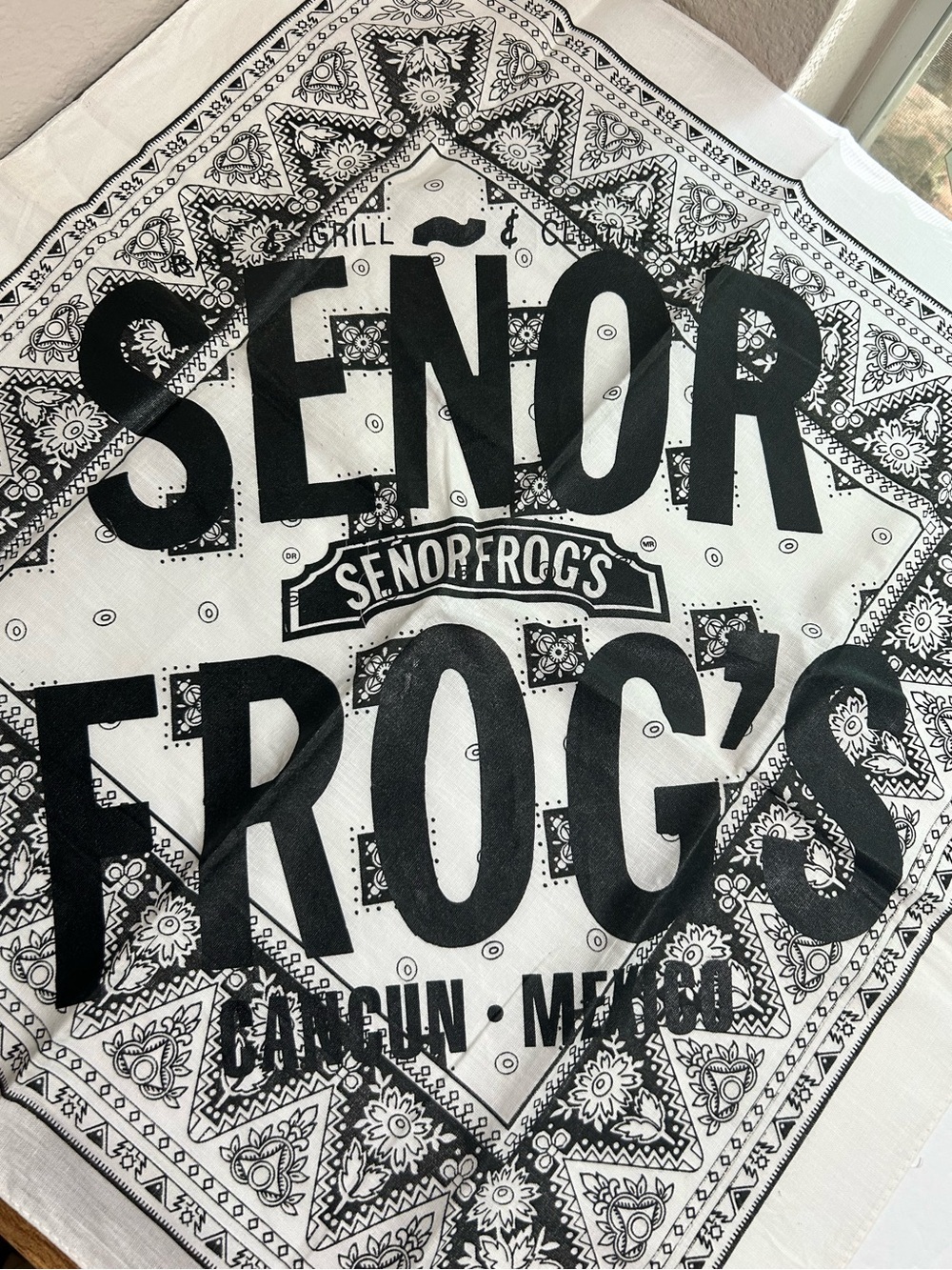 Senor Frog's Cancun Mexico Bandana Handkerchief Vintage Black & White